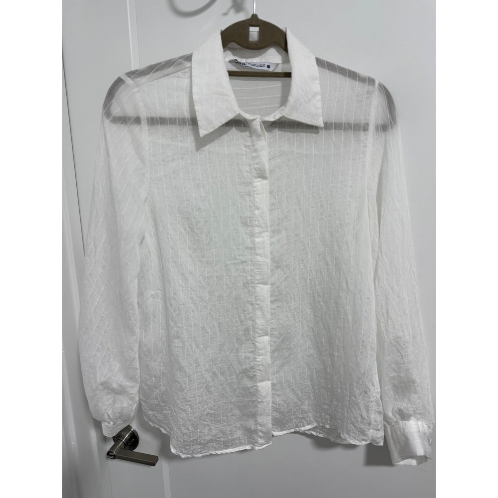Zara Woman's White Striped Button-Up Blouse Top Long Sleeve Small S - Picture 2 of 9